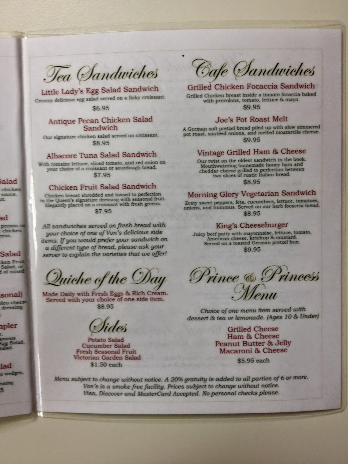 Von's Victorian Bakery, Tea Room, Cafe' Tea Room and Cafe' Menu